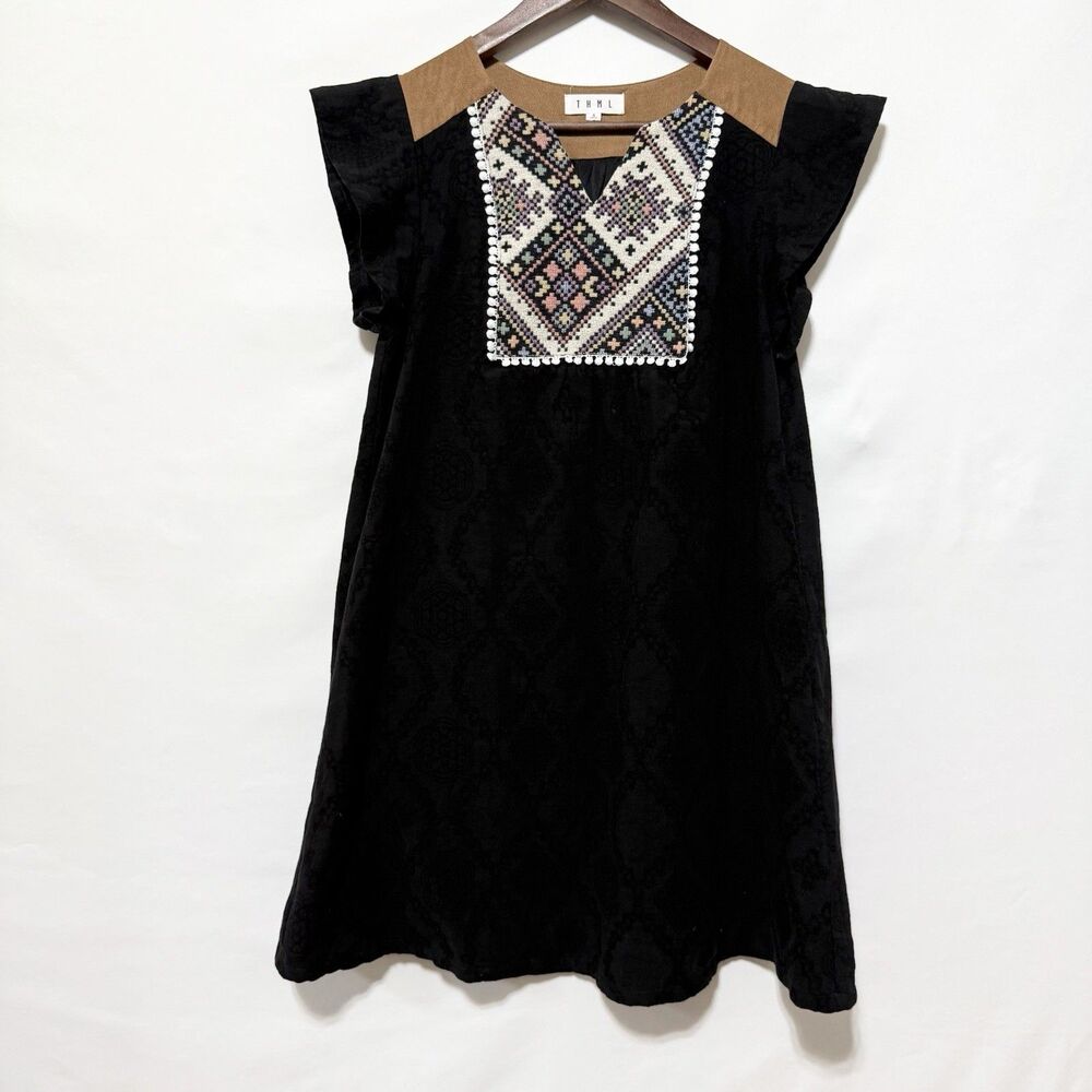 THML Women’s Small Black Brown Embroidered Shift Dress Flutter Sleeve Boho